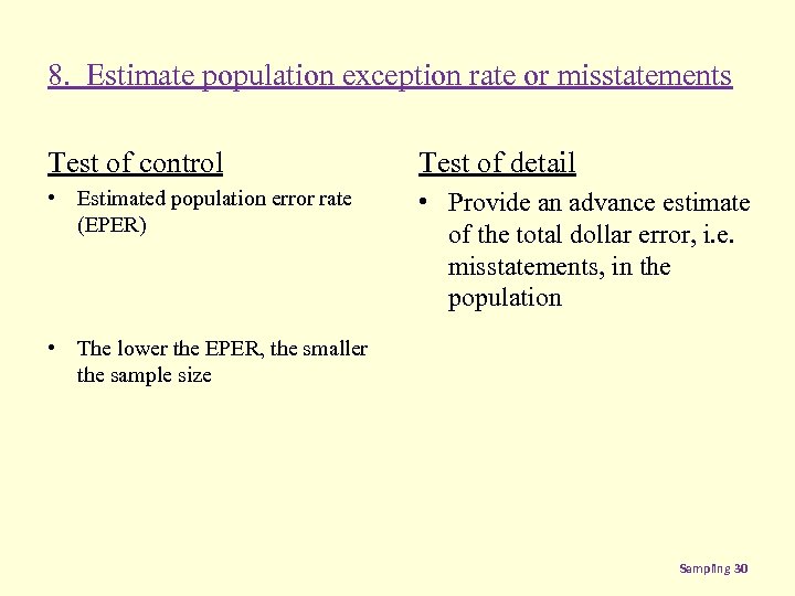 8. Estimate population exception rate or misstatements Test of control Test of detail •