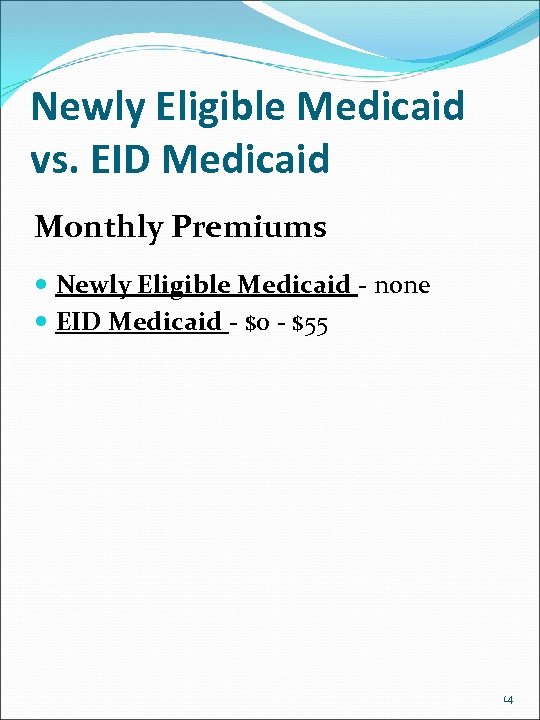 Newly Eligible Medicaid vs. EID Medicaid Monthly Premiums Newly Eligible Medicaid - none EID