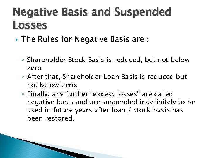 Negative Basis and Suspended Losses The Rules for Negative Basis are : ◦ Shareholder