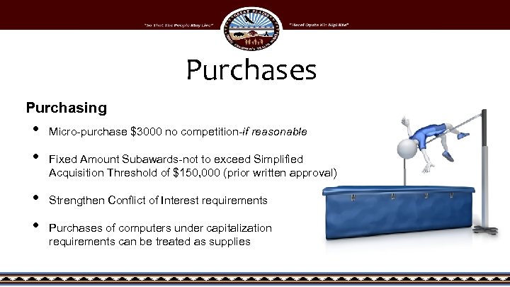 Purchases Purchasing • • Micro-purchase $3000 no competition-if reasonable Fixed Amount Subawards-not to exceed