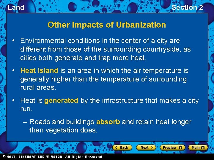 Land Section 2 Other Impacts of Urbanization • Environmental conditions in the center of