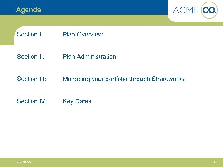 Agenda Section I: Plan Overview Section II: Plan Administration Section III: Managing your portfolio