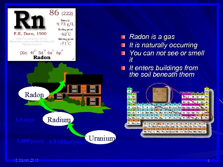 Radon is a gas It is naturally occurring You can not see or smell