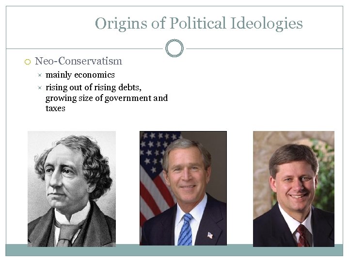 Origins of Political Ideologies Neo-Conservatism mainly economics rising out of rising debts, growing size