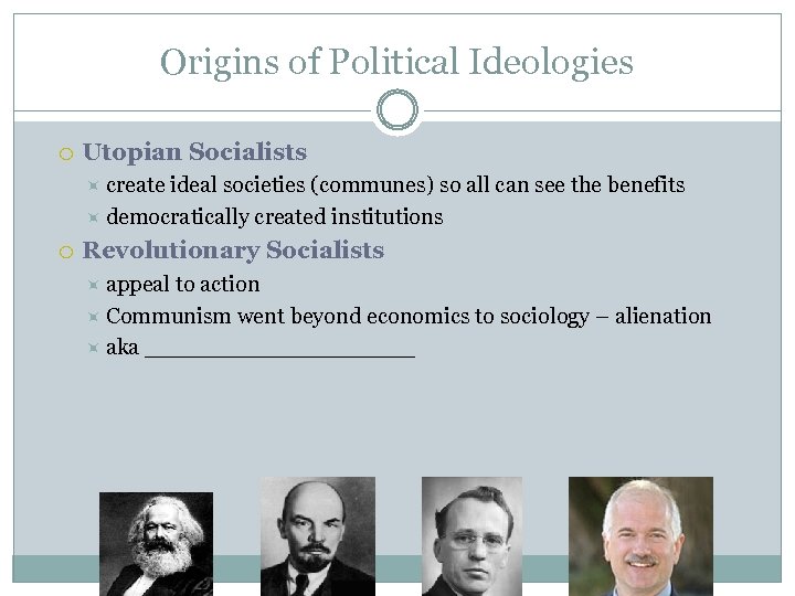 Origins of Political Ideologies Utopian Socialists create ideal societies (communes) so all can see