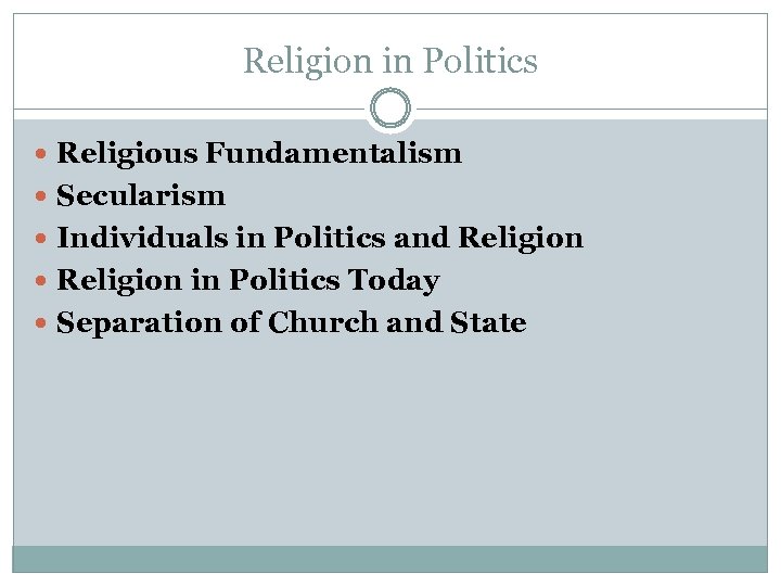 Religion in Politics Religious Fundamentalism Secularism Individuals in Politics and Religion in Politics Today