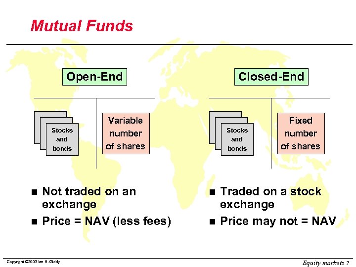 Mutual Funds Open-End Stocks and bonds n n Variable number of shares Not traded