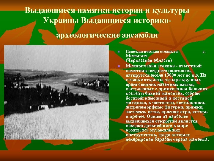 Выдающиеся памятки истории и культуры Украины Выдающиеся историкоархеологические ансамбли n n Палеолитическая стоянка в