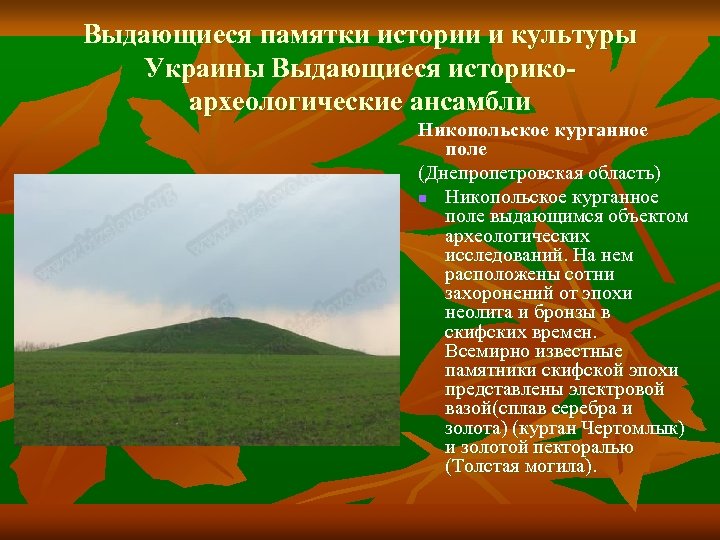 Выдающиеся памятки истории и культуры Украины Выдающиеся историкоархеологические ансамбли Никопольское курганное поле (Днепропетровская область)