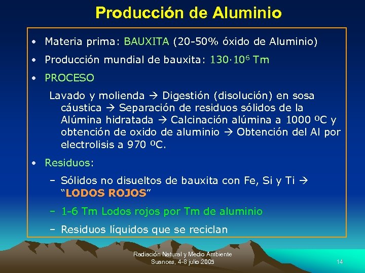 Producción de Aluminio • Materia prima: BAUXITA (20 -50% óxido de Aluminio) • Producción
