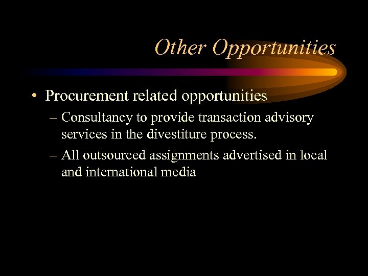 Other Opportunities • Procurement related opportunities – Consultancy to provide transaction advisory services in