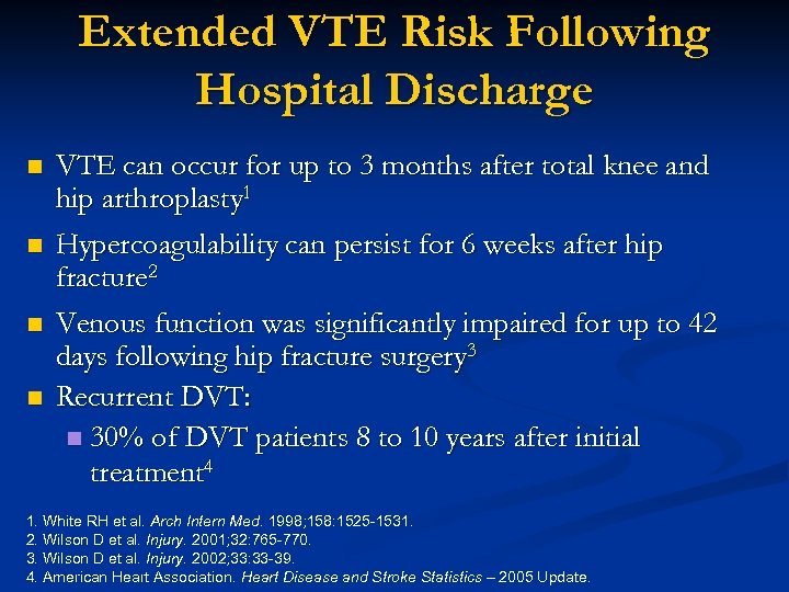 Extended VTE Risk Following Hospital Discharge n n VTE can occur for up to