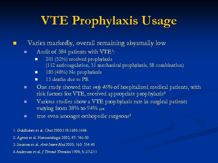 VTE Prophylaxis Usage Varies markedly, overall remaining abysmally low n n Audit of 384