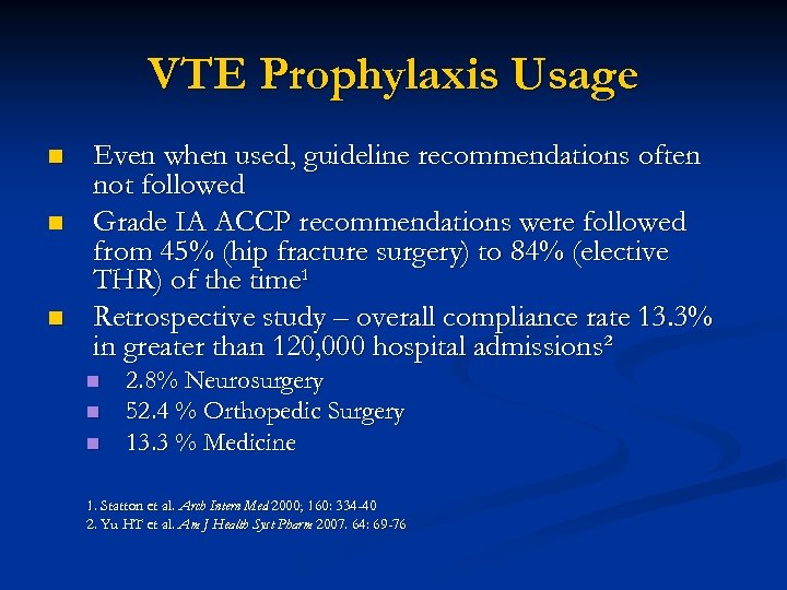 VTE Prophylaxis Usage n n n Even when used, guideline recommendations often not followed