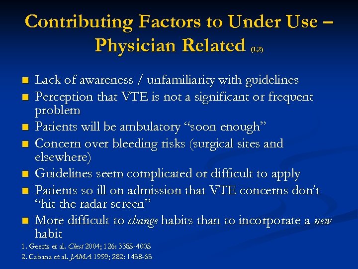 Contributing Factors to Under Use – Physician Related (1, 2) n n n n