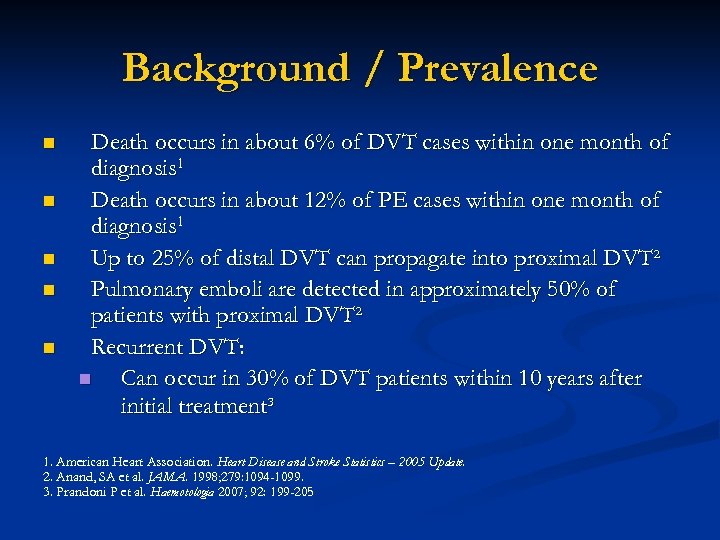 Background / Prevalence n n n Death occurs in about 6% of DVT cases