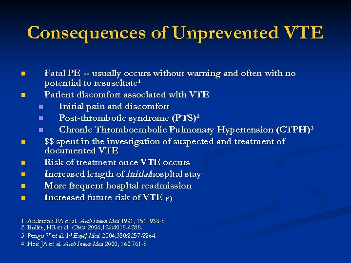 Consequences of Unprevented VTE n n n n Fatal PE -- usually occurs without