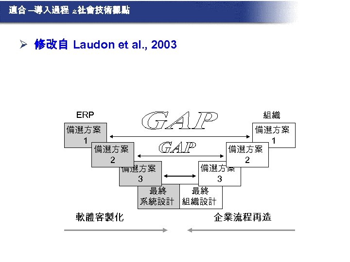 適合 ─導入過程 之 社會技術觀點 Ø 修改自 Laudon et al. , 2003 ERP 組織 備選方案