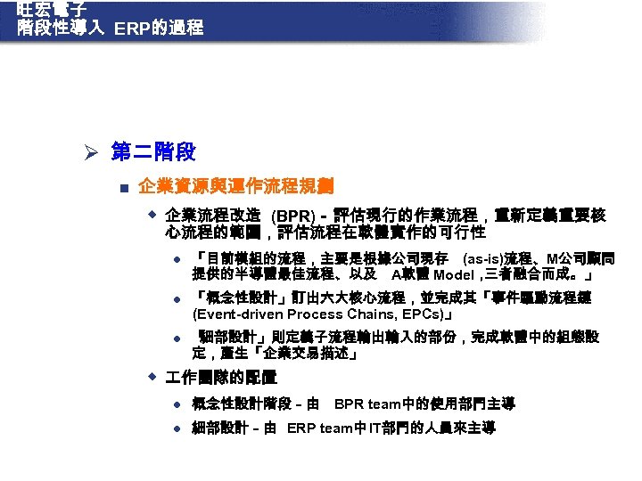 旺宏電子 階段性導入 ERP的過程 Ø 第二階段 n 企業資源與運作流程規劃 w 企業流程改造 (BPR)－ 評估現行的作業流程，重新定義重要核 心流程的範圍，評估流程在軟體實作的可行性 l l