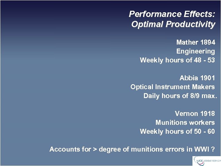 Performance Effects: Optimal Productivity Mather 1894 Engineering Weekly hours of 48 - 53 Abbia