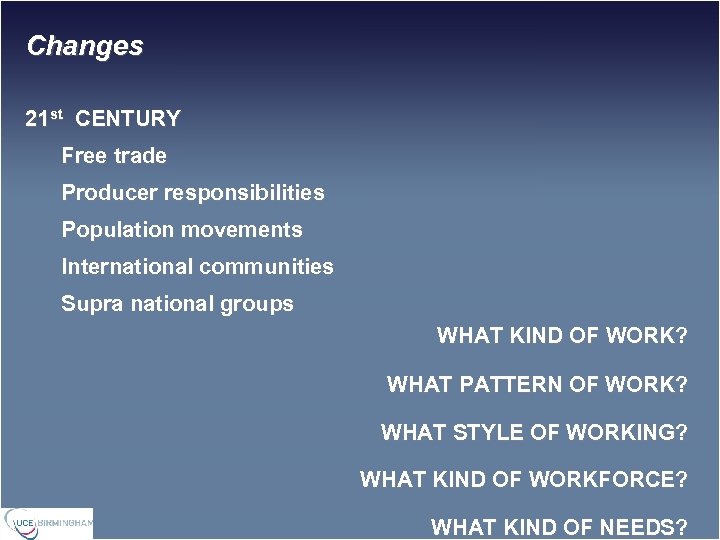 Changes 21 st CENTURY Free trade Producer responsibilities Population movements International communities Supra national