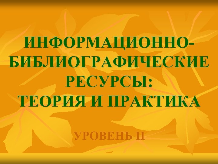 ИНФОРМАЦИОННО- БИБЛИОГРАФИЧЕСКИЕ РЕСУРСЫ: ТЕОРИЯ И ПРАКТИКА УРОВЕНЬ II 