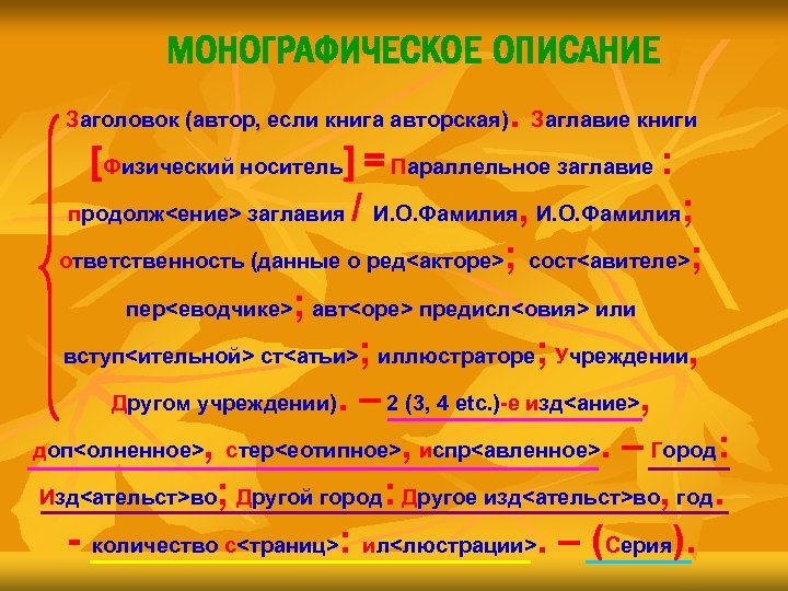 МОНОГРАФИЧЕСКОЕ ОПИСАНИЕ. Заглавие книги [Физический носитель] = Параллельное заглавие : продолж<ение> заглавия / И.