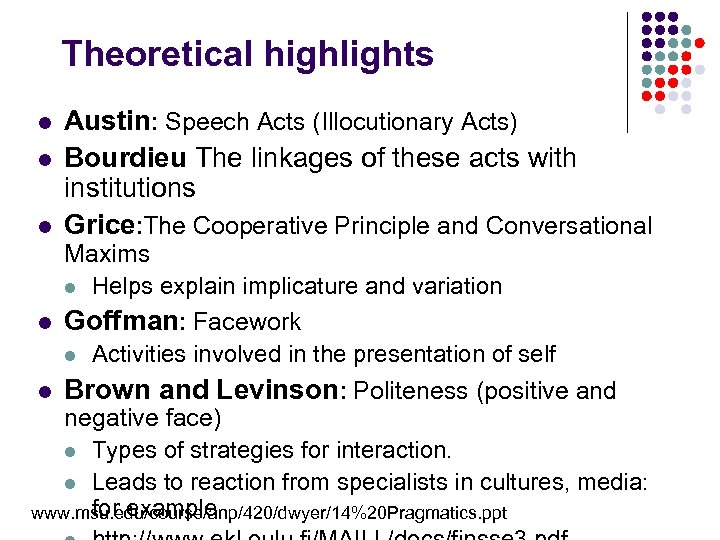 Theoretical highlights l l l Austin: Speech Acts (Illocutionary Acts) Bourdieu The linkages of
