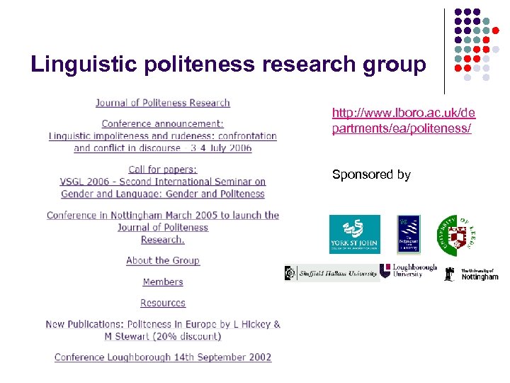 Linguistic politeness research group http: //www. lboro. ac. uk/de partments/ea/politeness/ Sponsored by 