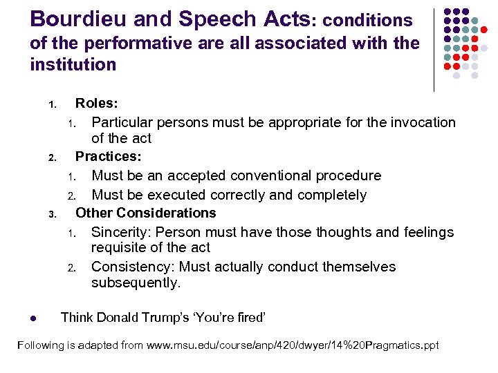 Bourdieu and Speech Acts: conditions of the performative are all associated with the institution