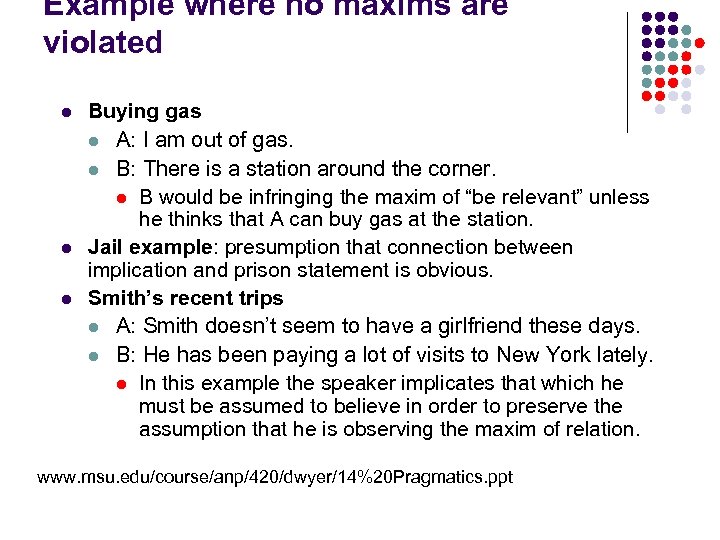 Example where no maxims are violated l l l Buying gas l A: I