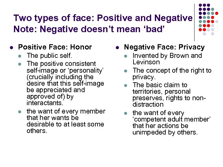 Two types of face: Positive and Negative Note: Negative doesn’t mean ‘bad’ l Positive