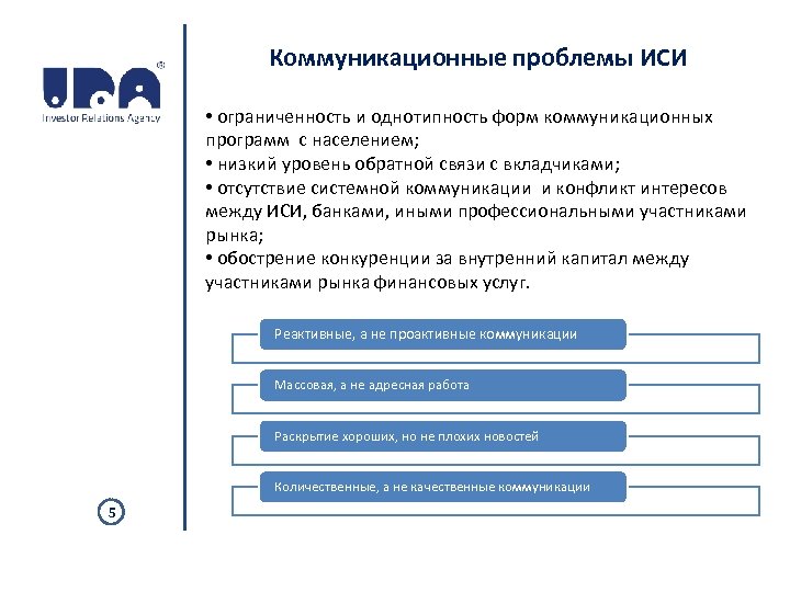 Коммуникационные проблемы ИСИ • ограниченность и однотипность форм коммуникационных программ с населением; • низкий