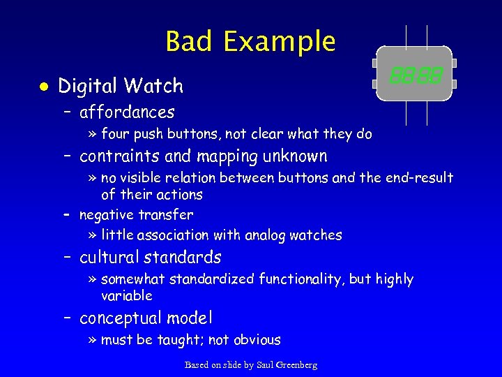 Bad Example l Digital Watch – affordances » four push buttons, not clear what