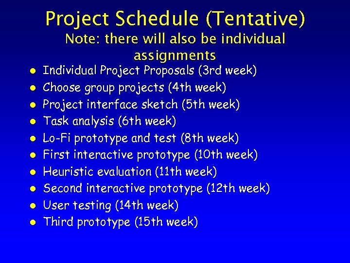 Project Schedule (Tentative) Note: there will also be individual assignments l l l l