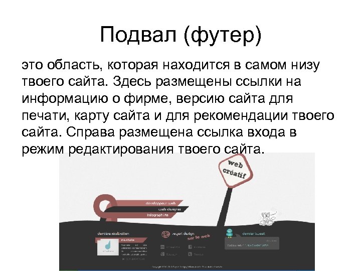 Подвал (футер) это область, которая находится в самом низу твоего сайта. Здесь размещены ссылки