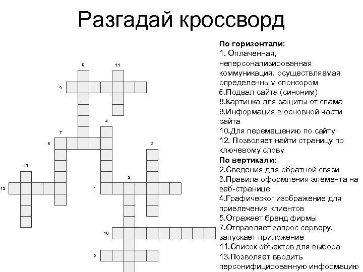 Разгадай кроссворд 8 11 9 4 7 6 3 13 2 1 10 5