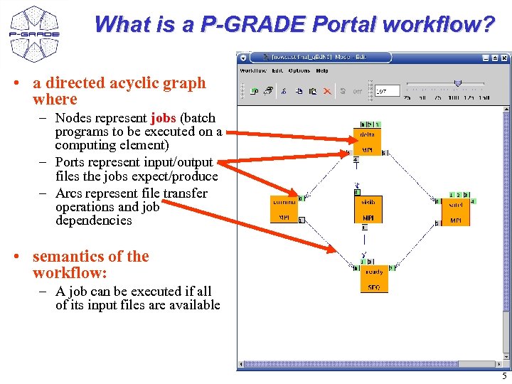 What is a P-GRADE Portal workflow? • a directed acyclic graph where – Nodes