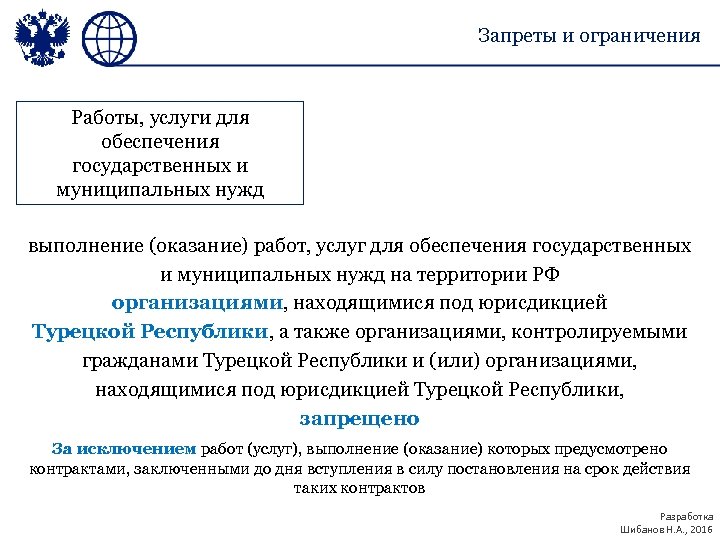 Запреты и ограничения Работы, услуги для обеспечения государственных и муниципальных нужд выполнение (оказание) работ,