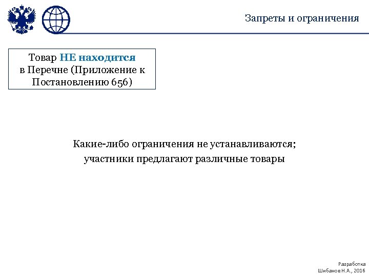 Запреты и ограничения Товар НЕ находится в Перечне (Приложение к Постановлению 656) Какие-либо ограничения
