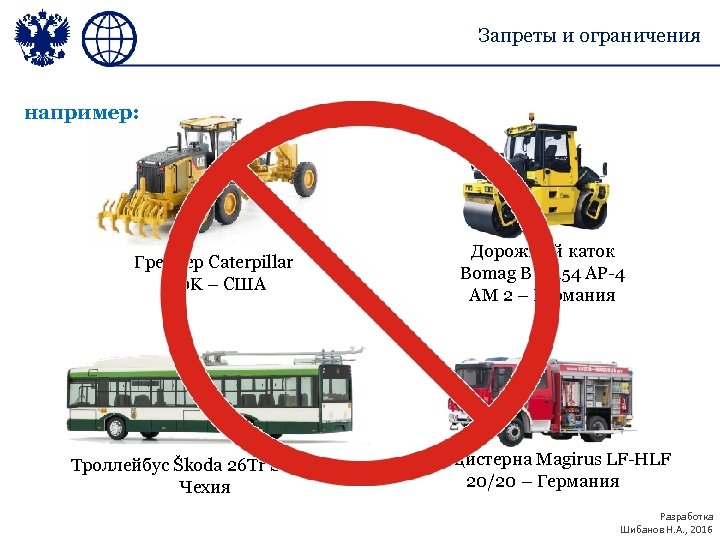 Запреты и ограничения например: Грейдер Caterpillar 160 K – США Троллейбус Škoda 26 Tr
