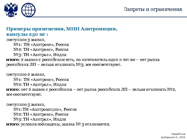 Запреты и ограничения Примеры применения, МНН Азитромицин, капсулы 250 мг : поступило 3 заявки,