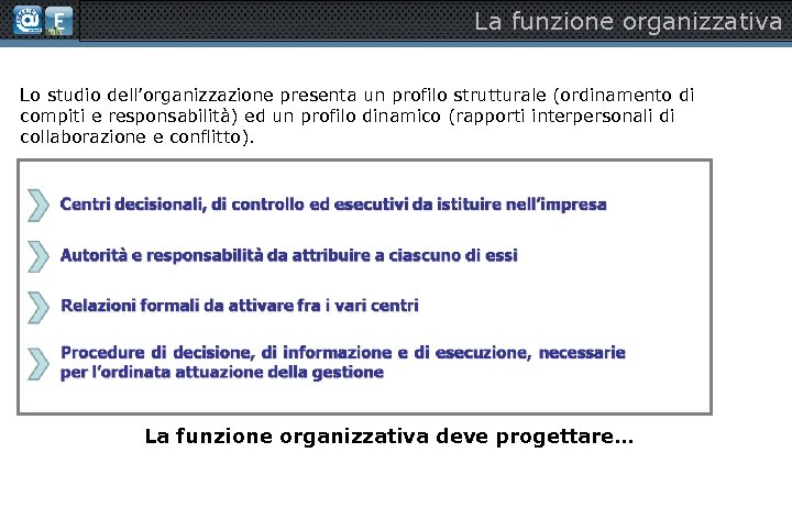 La funzione organizzativa Lo studio dell’organizzazione presenta un profilo strutturale (ordinamento di compiti e