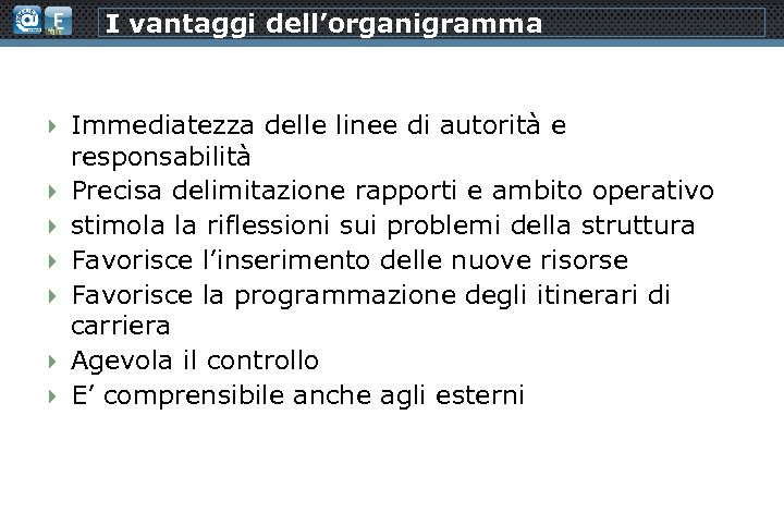 I vantaggi dell’organigramma Immediatezza delle linee di autorità e responsabilità Precisa delimitazione rapporti e
