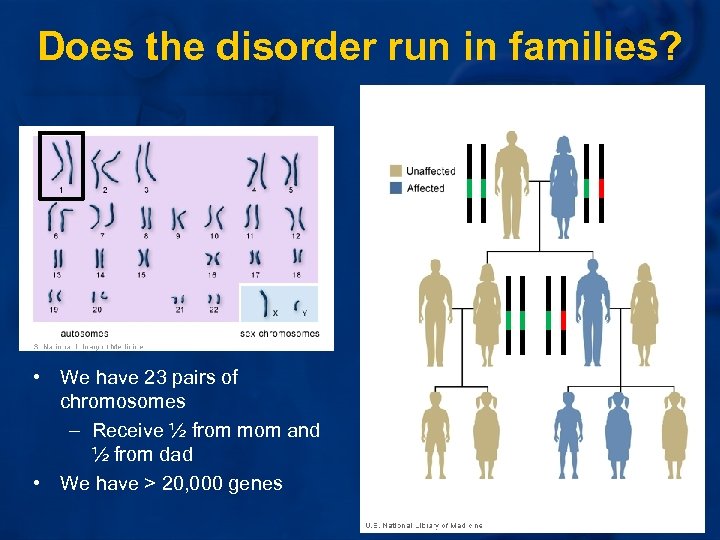 Does the disorder run in families? • We have 23 pairs of chromosomes –