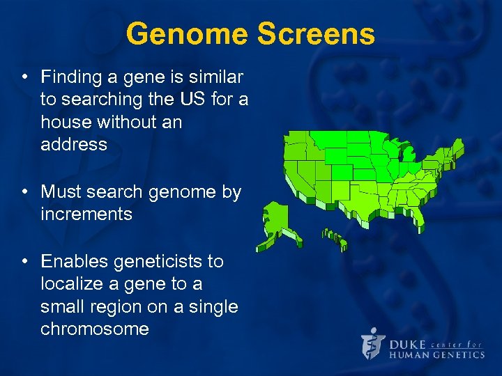 Genome Screens • Finding a gene is similar to searching the US for a