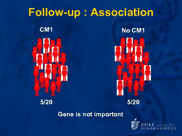 Follow-up : Association CM 1 No CM 1 5/20 Gene is not important 