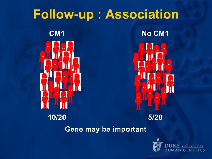 Follow-up : Association CM 1 No CM 1 10/20 5/20 Gene may be important