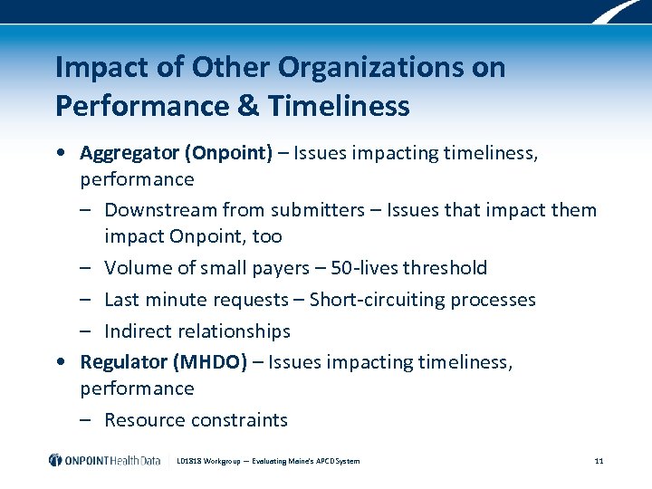 Impact of Other Organizations on Performance & Timeliness • Aggregator (Onpoint) – Issues impacting