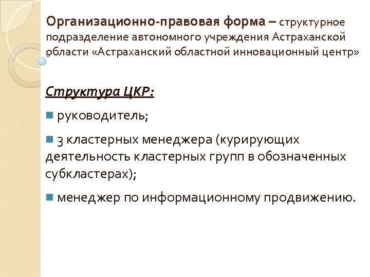 Организационно-правовая форма – структурное подразделение автономного учреждения Астраханской области «Астраханский областной инновационный центр» Структура